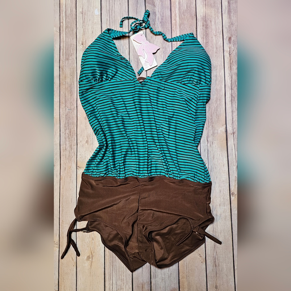 Striped Teal and Brown One-Piece Swimsuit